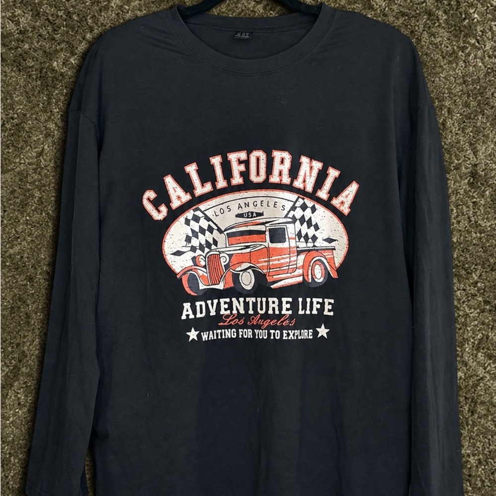 SHEIN Black Long Sleeve Tee with Orange & White Vintage Truck Graphic